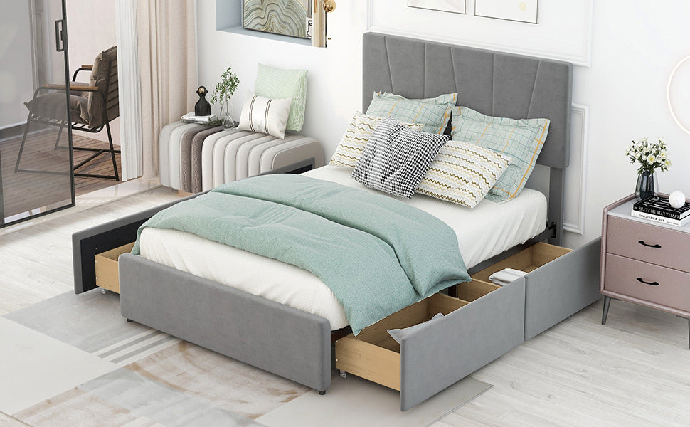 Full Size Upholstery Platform Bed with Four Drawers on Two Sides, Adjustable Headboard, Grey(: WF291773EAA)