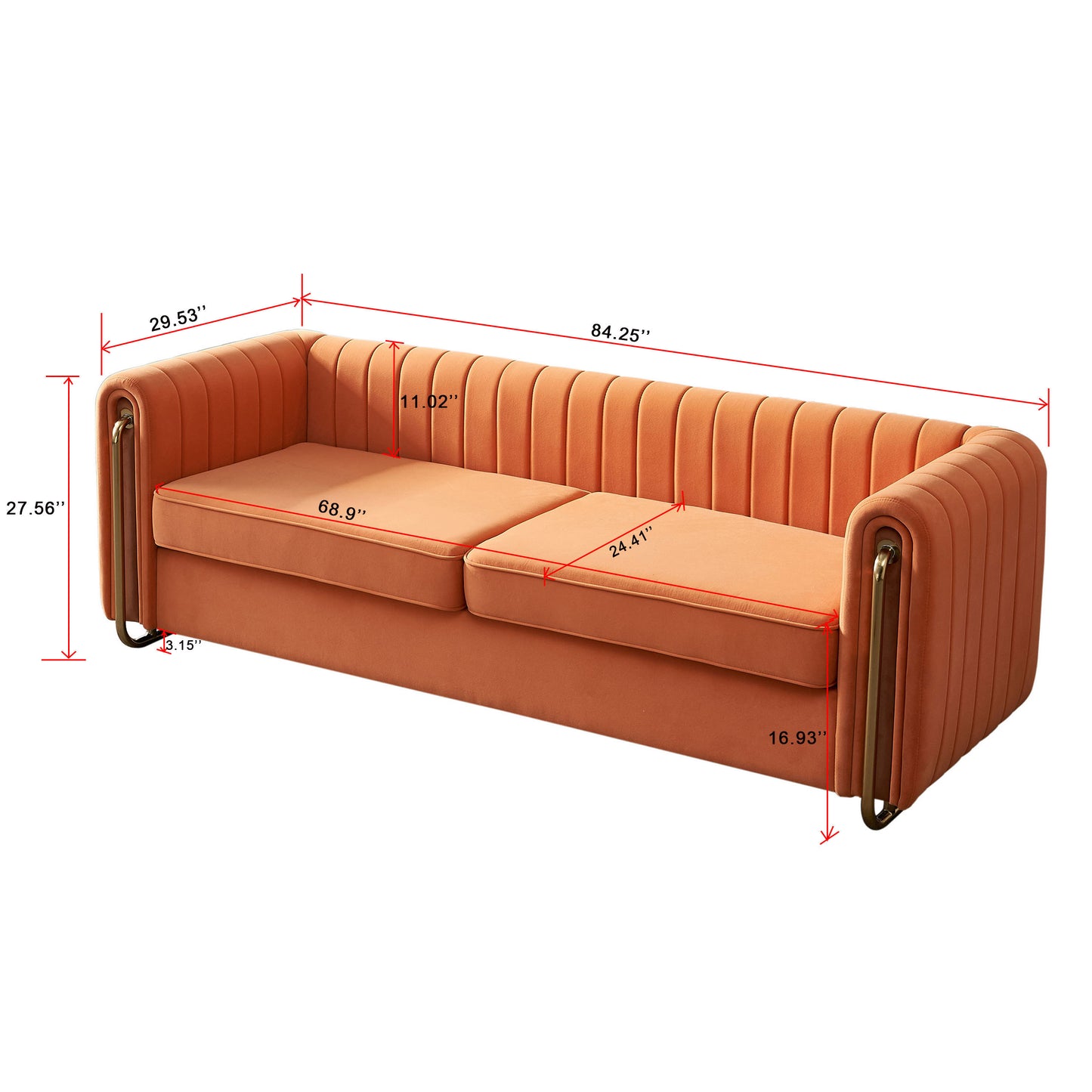 Contemporary Velvet Sofa Couch 84.25''W for Living Room, Orange