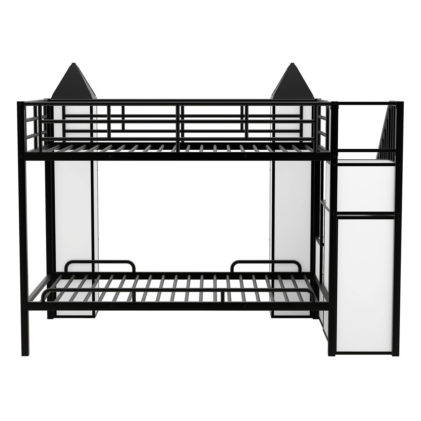 Castle-themed Metal Twin Bunk Bed with Wardrobe and Storage in Black and White Color Palette