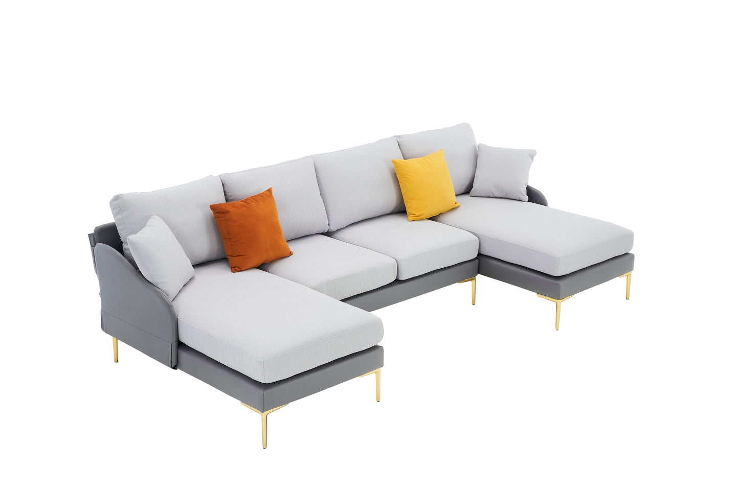 Modern large area Linen+Leathaire fabric color matching segmented sofa, ultra wide lounge chair, golden legs, U-shaped, double grey color