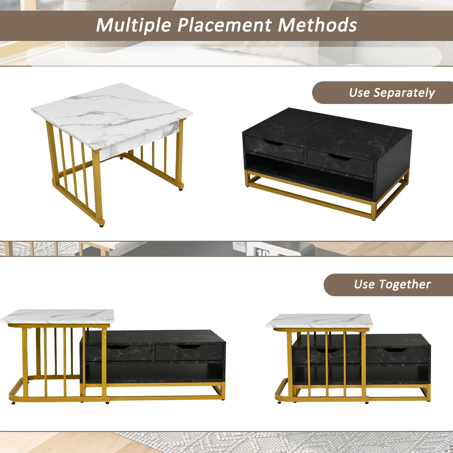 Elegant Marble Coffee Table Set with Metallic Finish and Storage Options