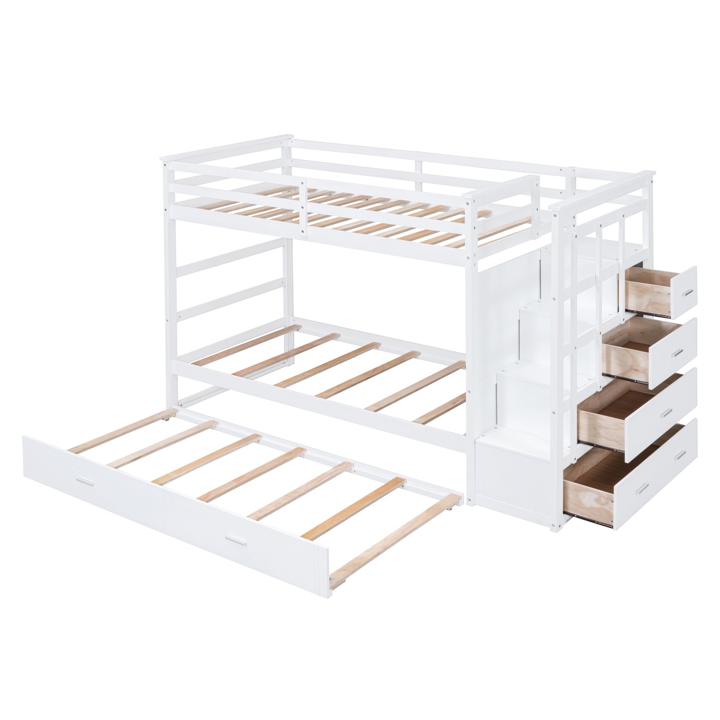 White Twin Over Twin Bunk Bed with Trundle, Staircase, and Storage Drawers