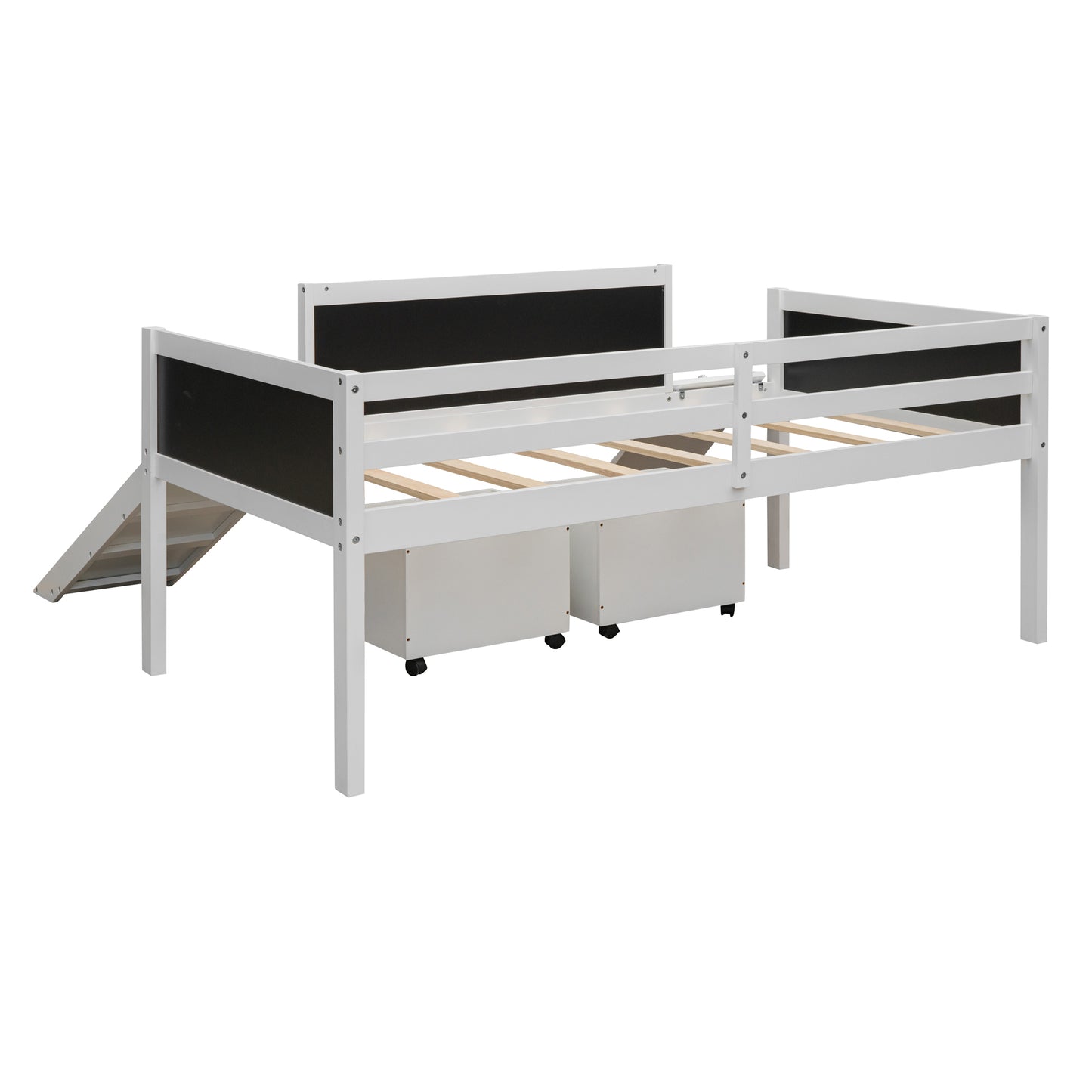 Twin size Loft Bed Wood Bed with Two Storage Boxes - White