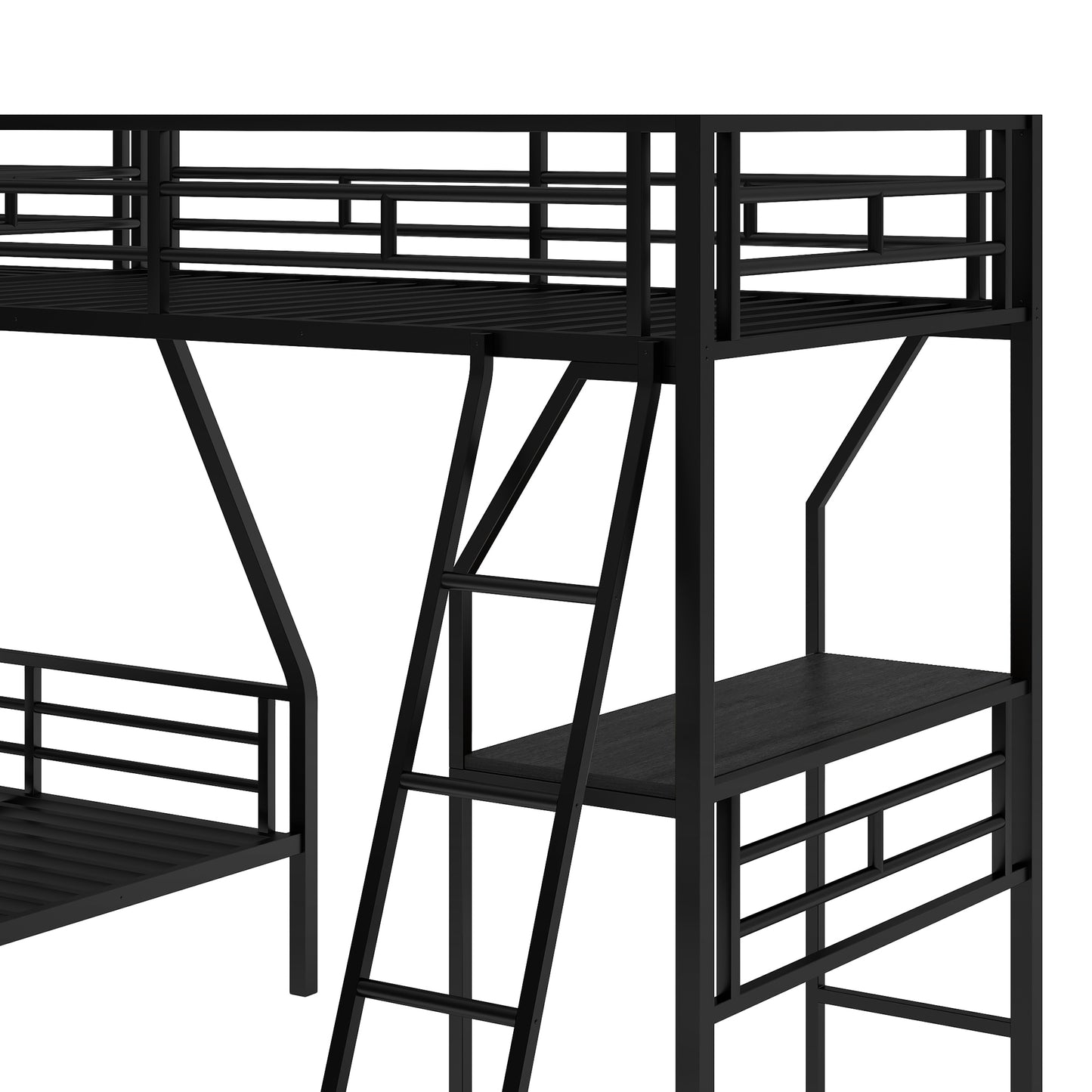 Innovative Space-Saving Twin over Full Bunk Bed with Loft Bed, Desk & Metal Frame, Black