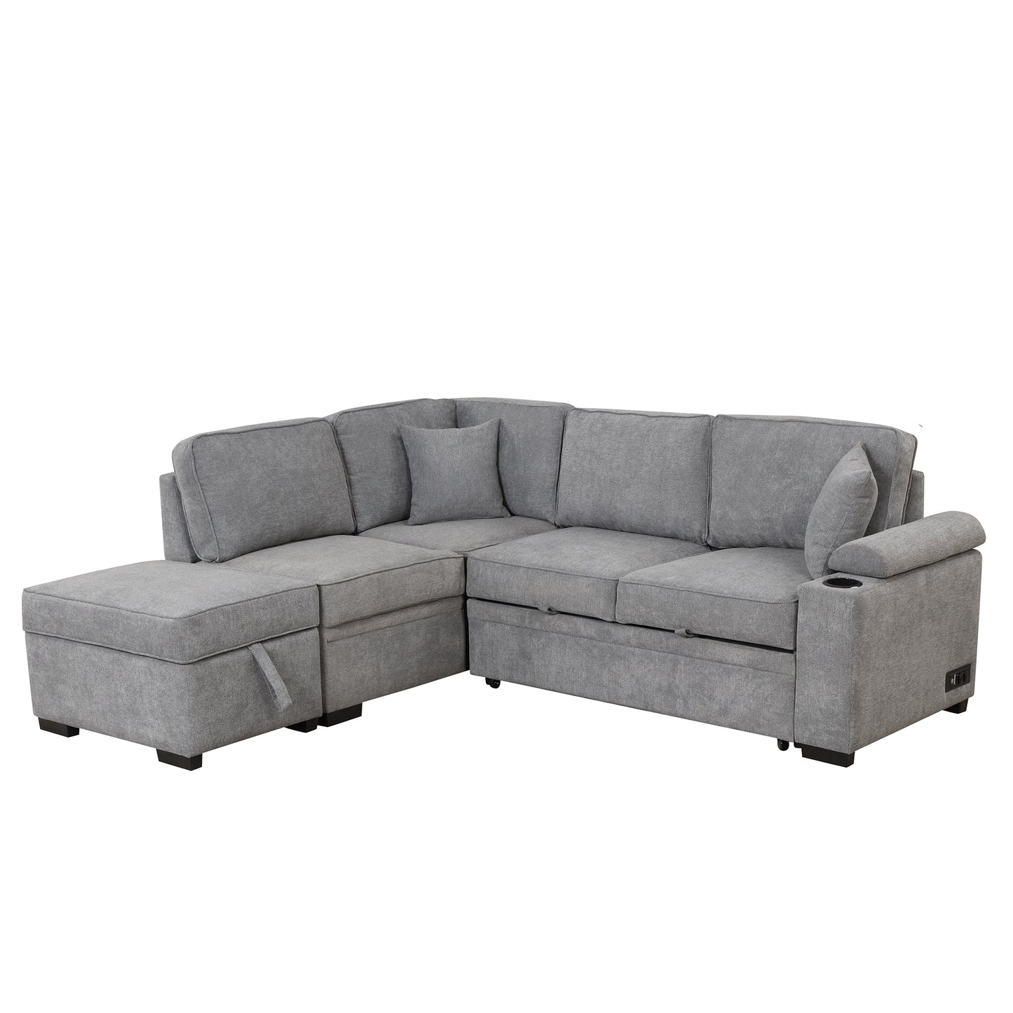 87.4 Gray L-Shaped Sleeper Sofa Bed with Ottoman Storage