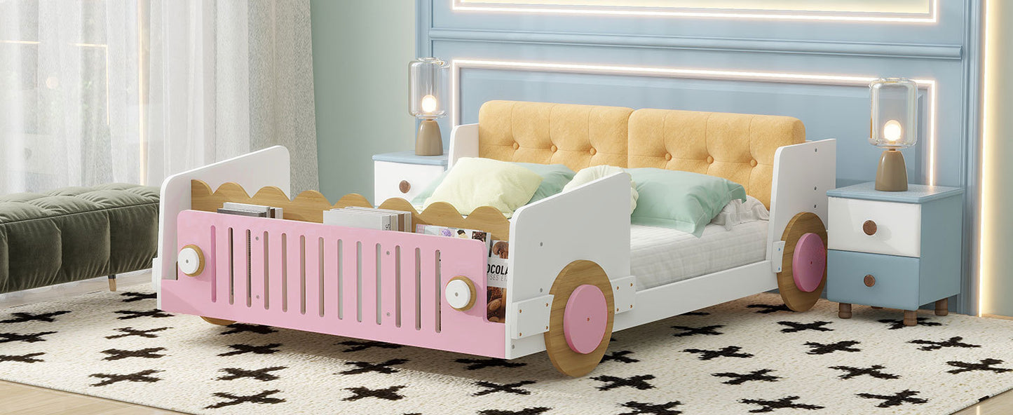 Full size Car-shaped platform bed with Soft cushion and shelves on the footboard, White