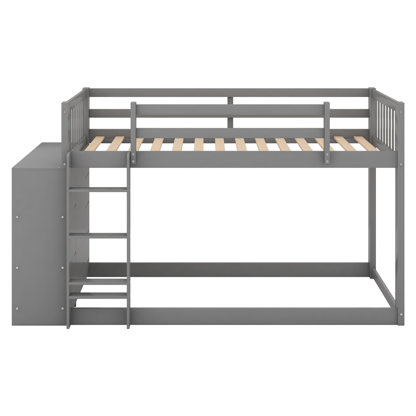 Gray Space-Saving Twin Bunk Bed with Storage Cabinet and Shelves