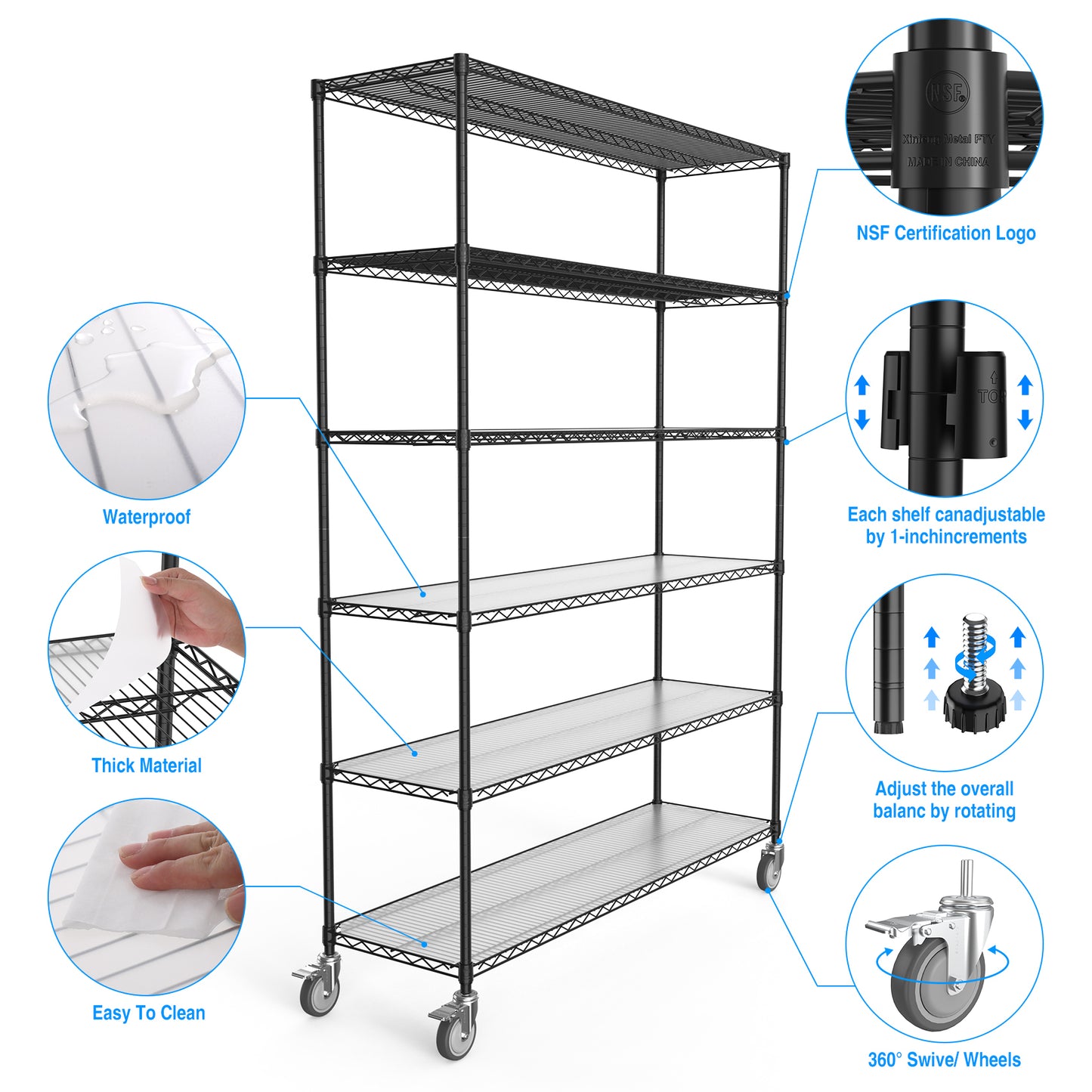 6 Tier Wire Shelving Unit, 6000 LBS NSF Height Adjustable Metal Garage Storage Shelves with Wheels, Heavy Duty Storage Wire Rack Metal Shelves - Black - 186082