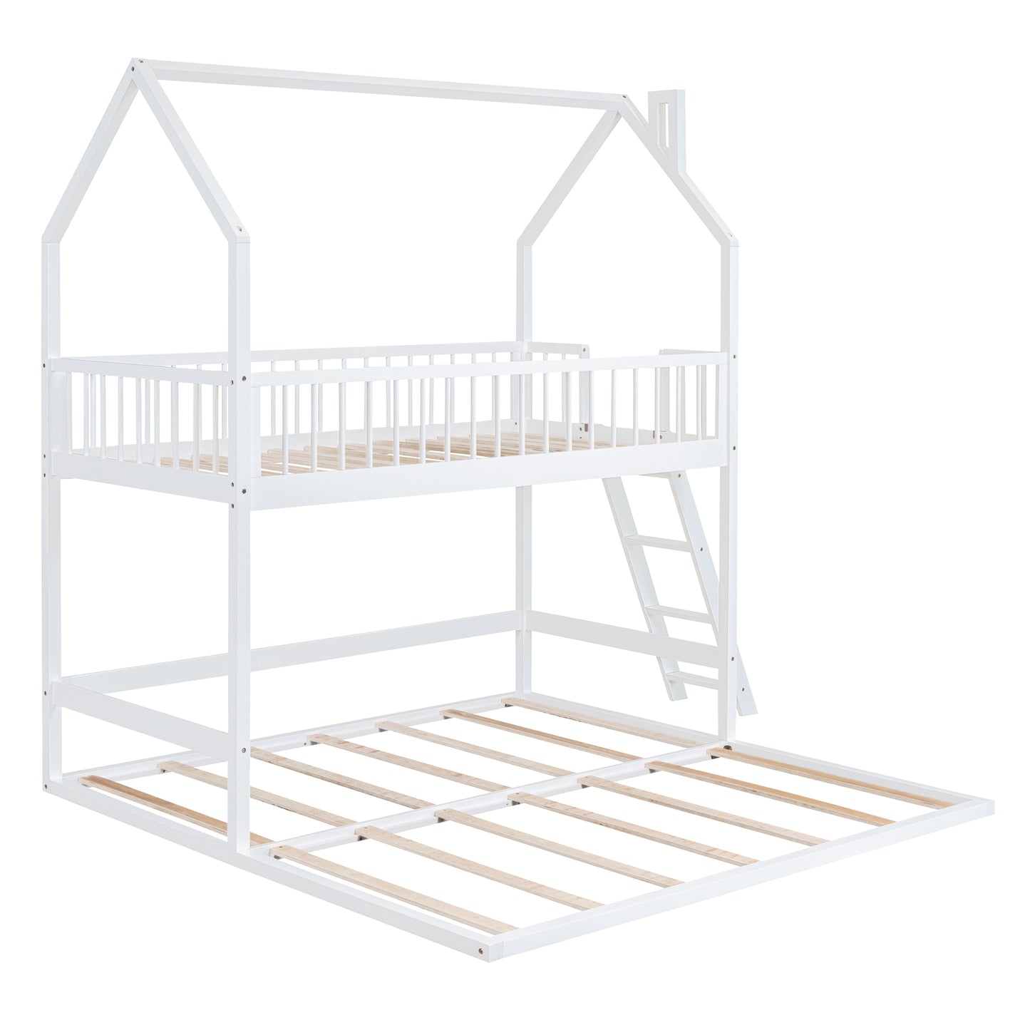 House-Shaped Twin Bunk Bed with Trundle, Ladder, and Twin Over Twin Size Sleep Space