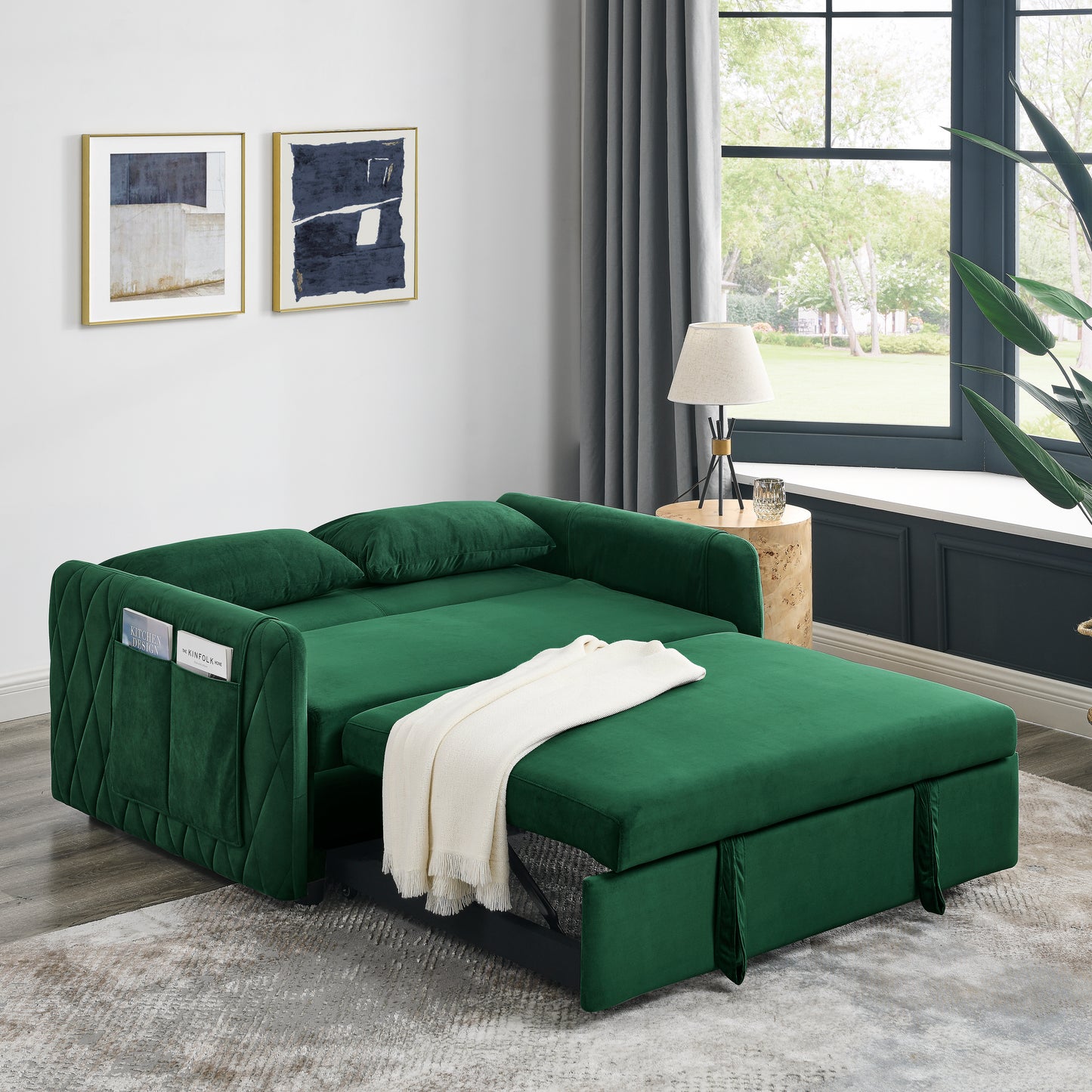 Modern 55 Velvet Convertible Sofa Bed with Adjustable Backrest and Arm Pockets