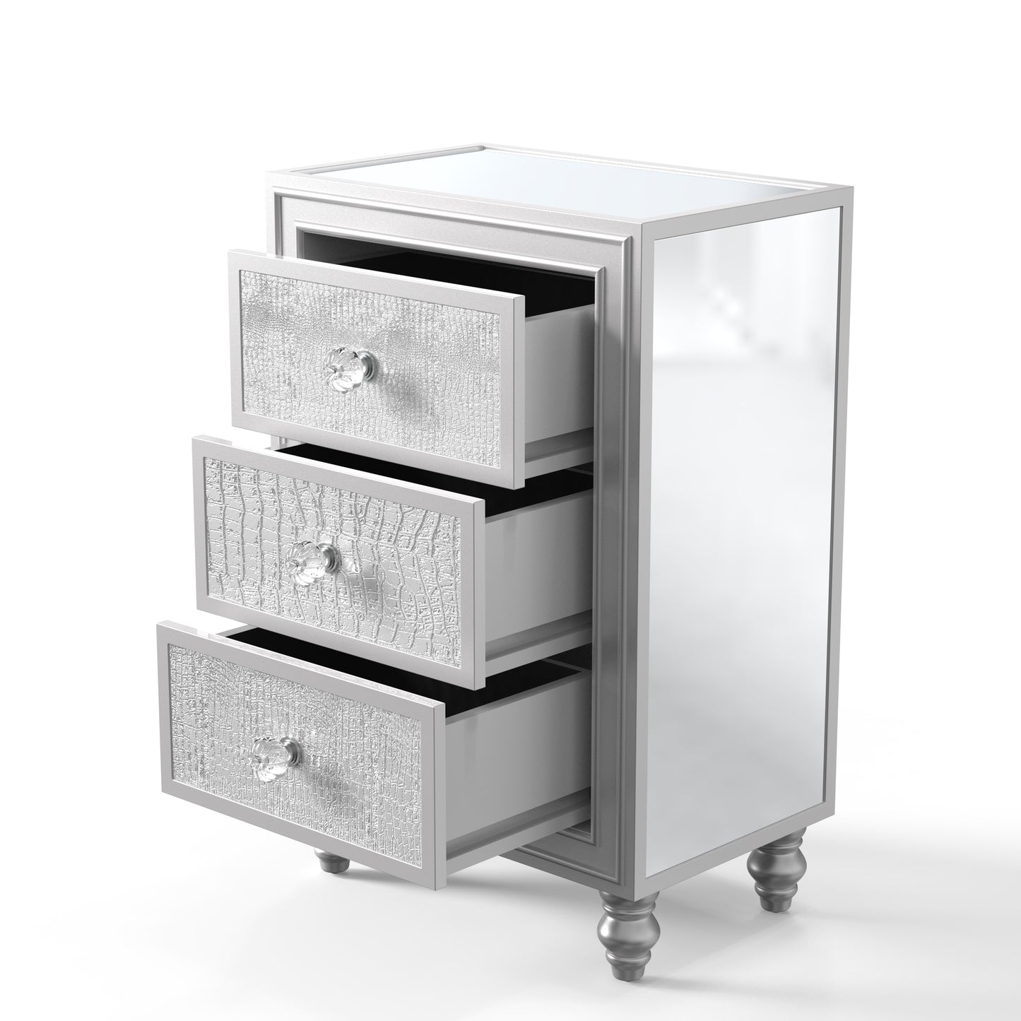 Luxury Mirrored Nightstand 3 Drawers Bedroom End Table Silver Finished Sofa Side Tables