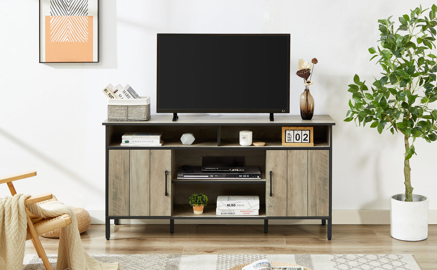 58-Inch Rustic Gray TV Stand and Media Entertainment Center Console with Ample Storage and Adjustable Dividers