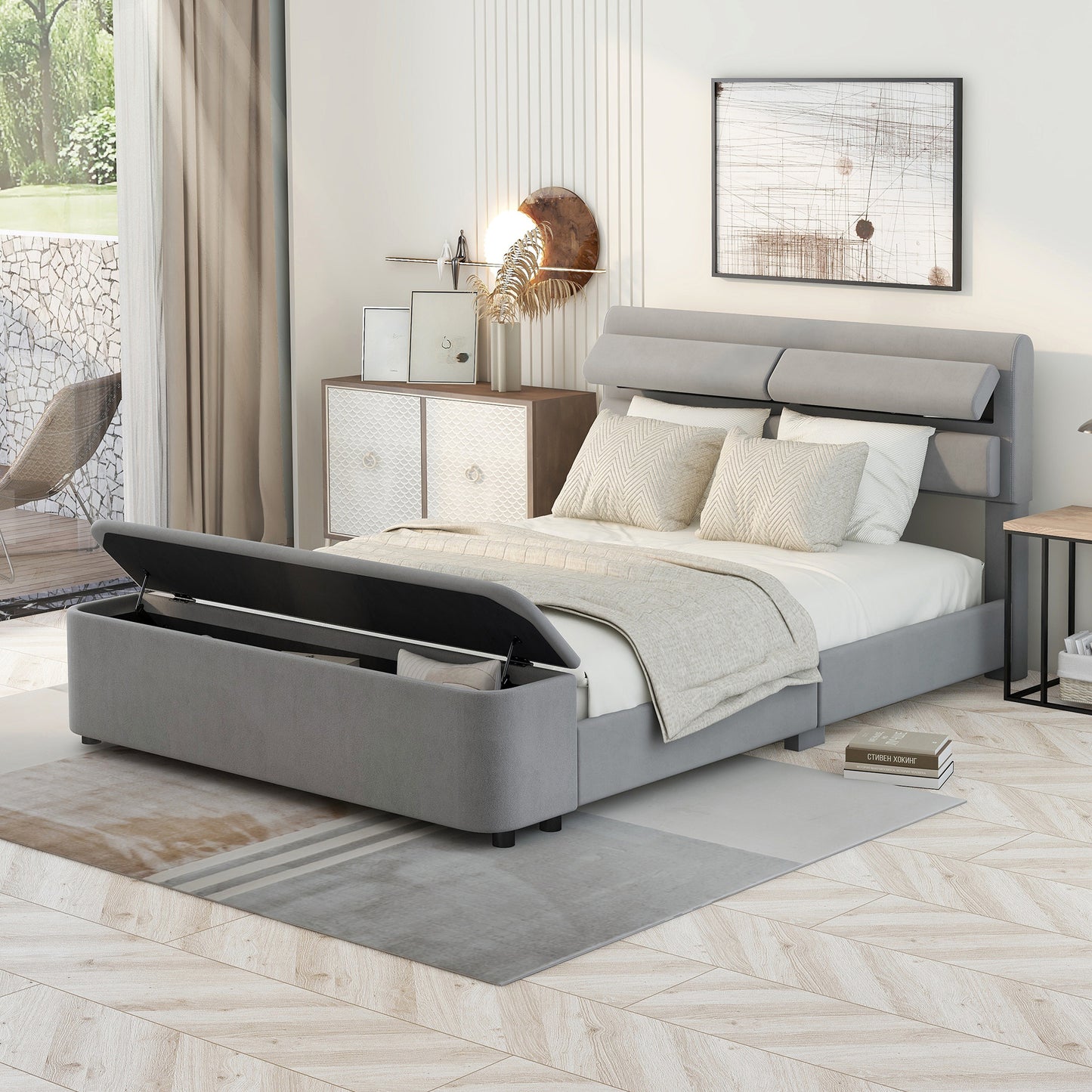 Full Size Upholstery Platform Bed with Storage Headboard and Footboard,Support Legs,Grey