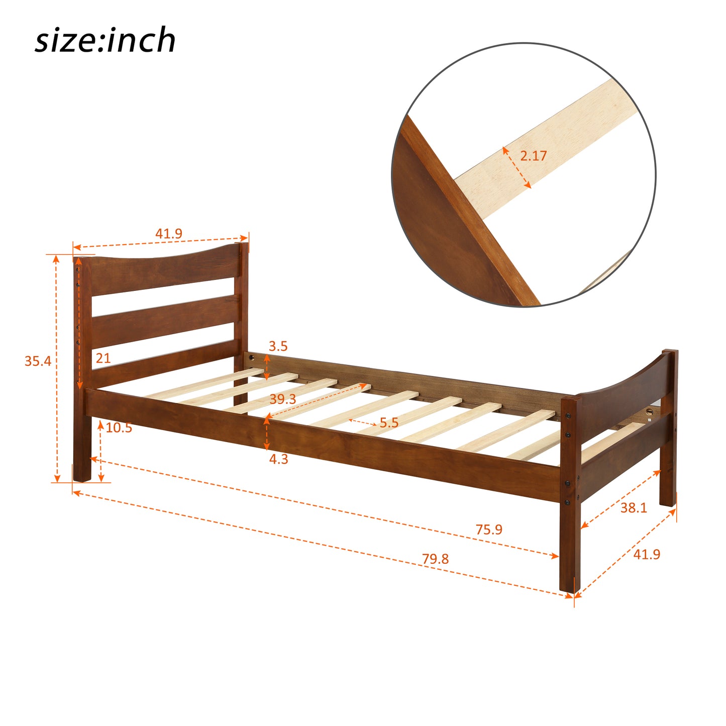 Twin Size  Wood Platform Bed with Headboard and Wooden Slat Support (Walnut)