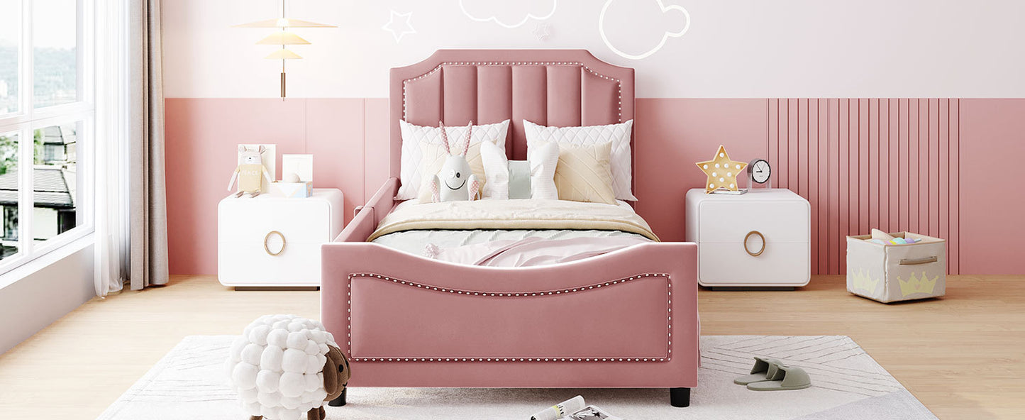 Twin Size Upholstered Daybed with Classic Stripe Shaped  Headboard, Pink