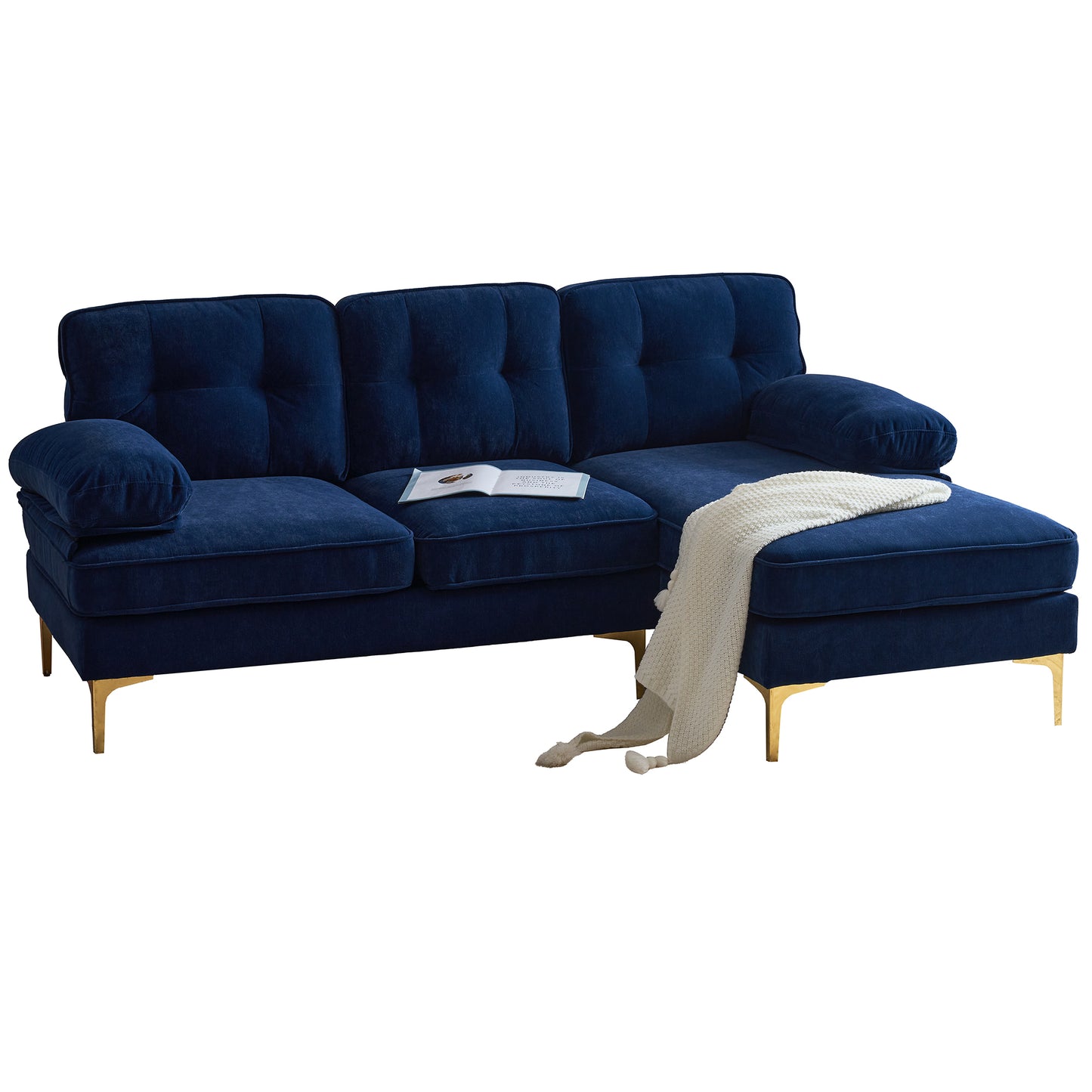 83 Blue Velvet L-Shaped Sectional Sofa with Mid-Century Modern Vibes