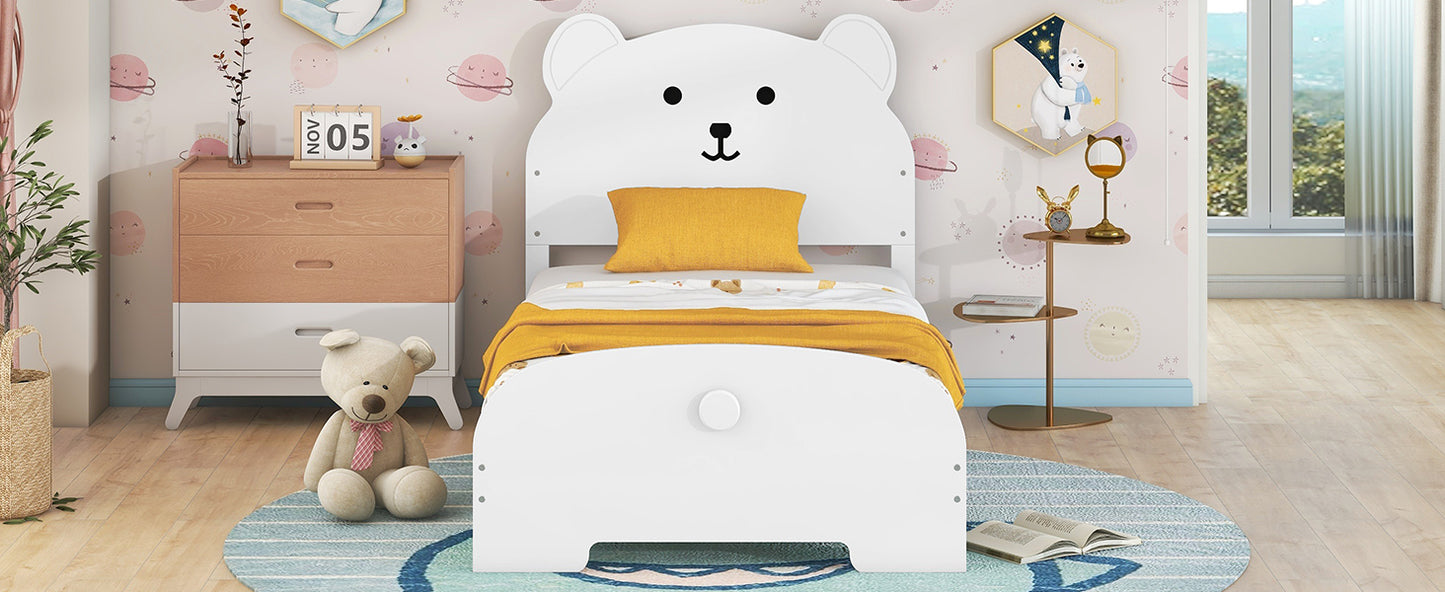 Twin Size Wood Platform Bed with Bear-shaped Headboard and Footboard,White