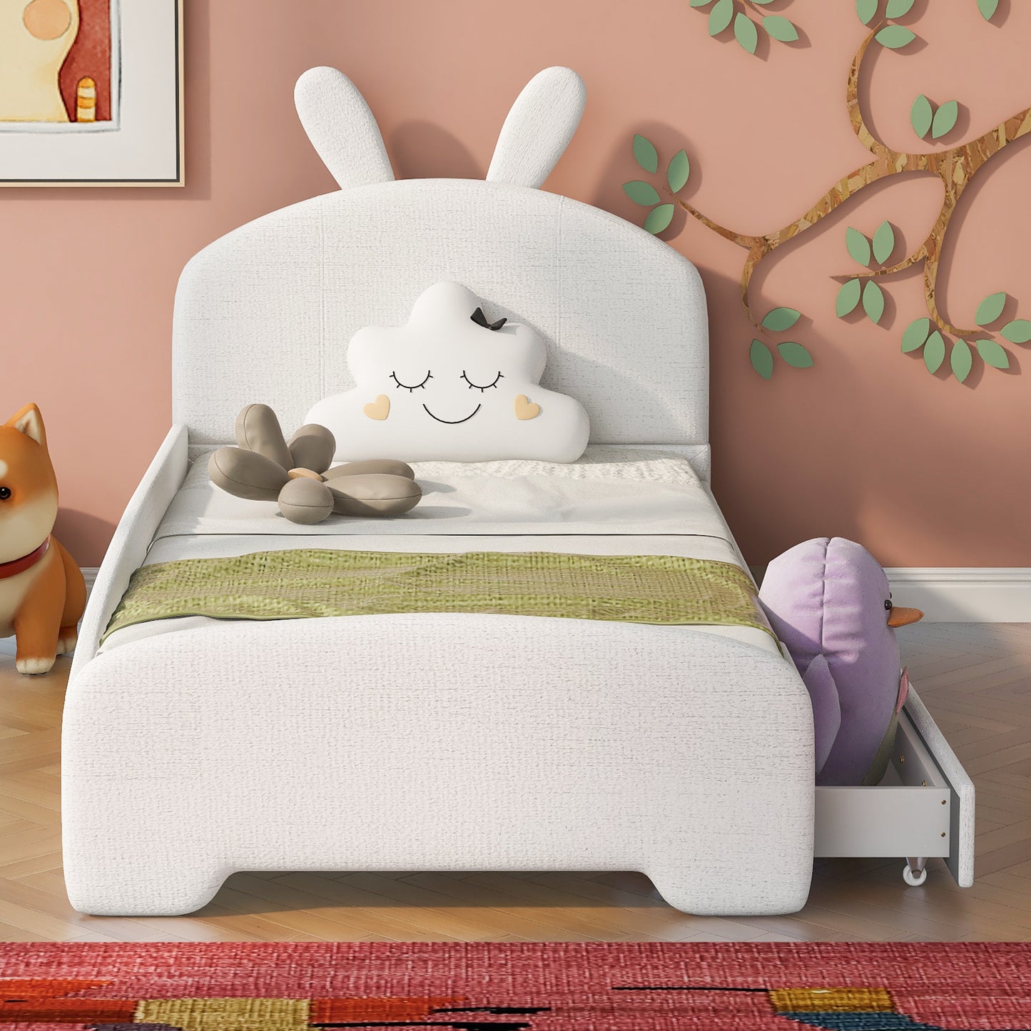 Twin Size Upholstered Platform Bed with Cartoon Ears Shaped Headboard and 2 Drawers, White