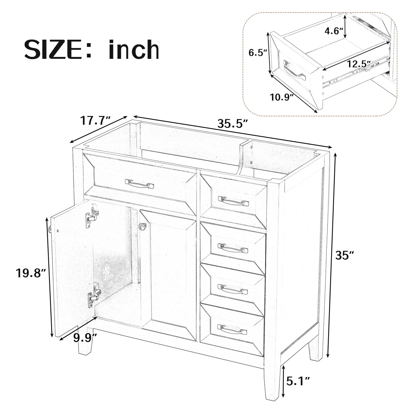 36" Bathroom Vanity without Sink, Cabinet Base Only, Bathroom Cabinet with Drawers, Solid Frame and MDF Board, Black