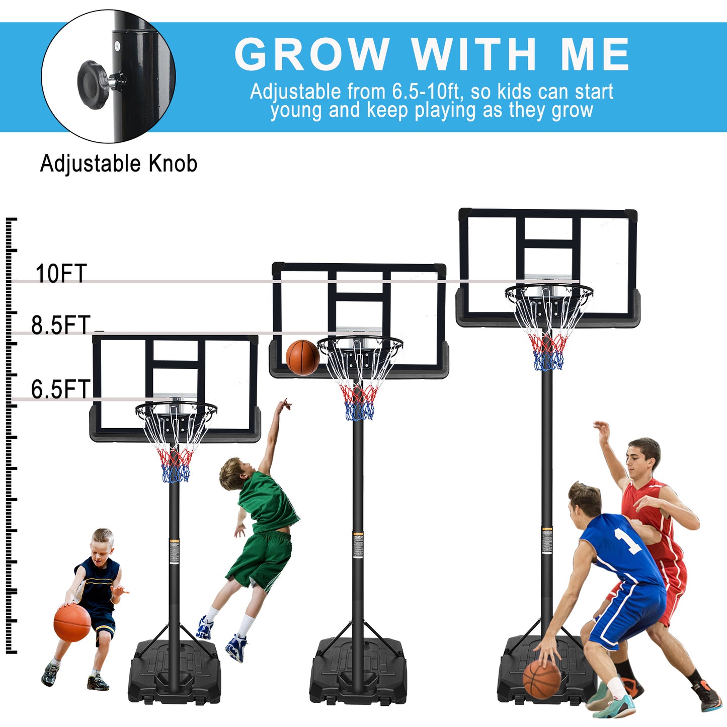 Portable Basketball Hoop Backboard System Stand Height Adjustable 6.6ft - 10ft with 44 Inch Backboard and Wheels for Adults