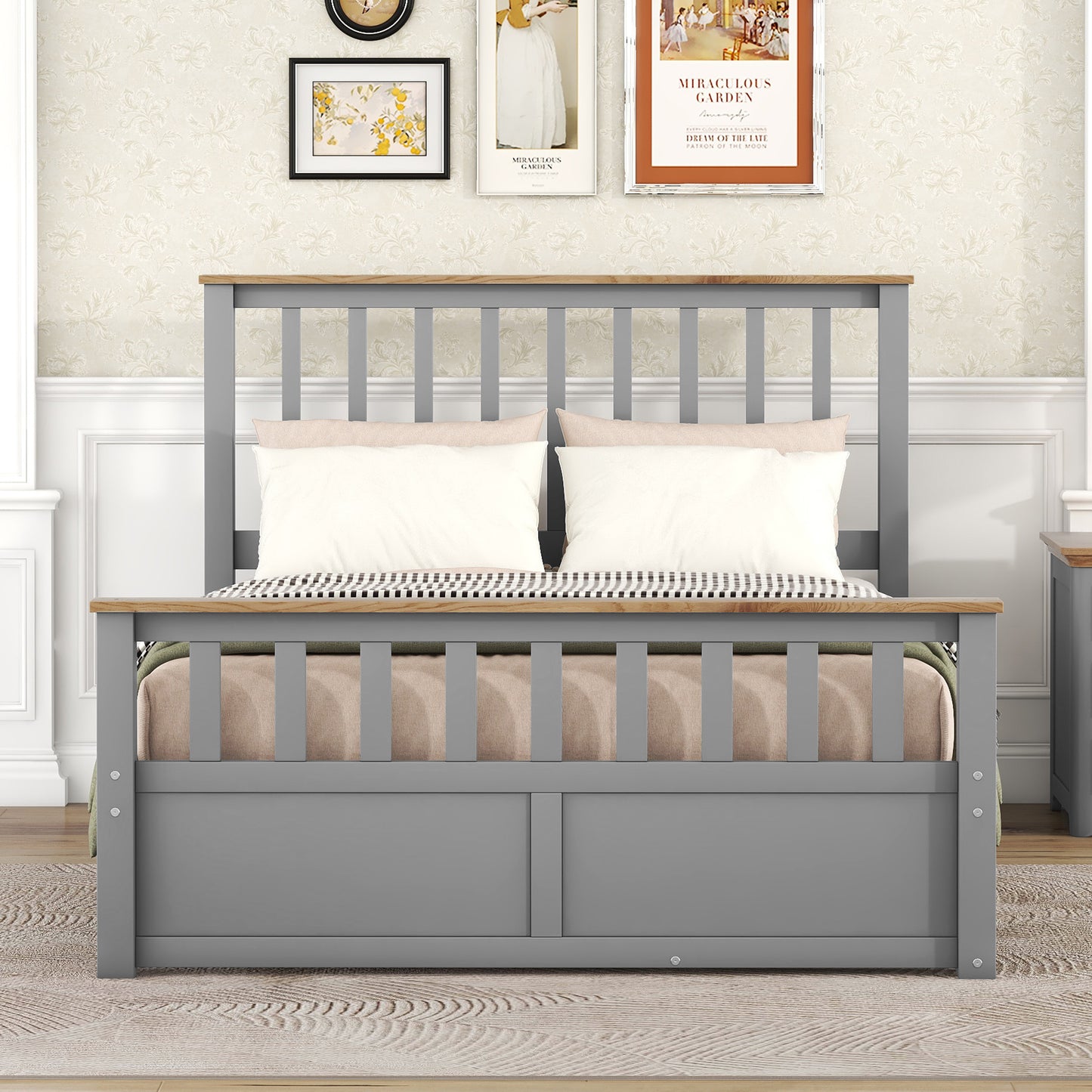 Full Size Wood Platform Bed with Two Drawers and Wooden Slat Support,Gray+Natrual