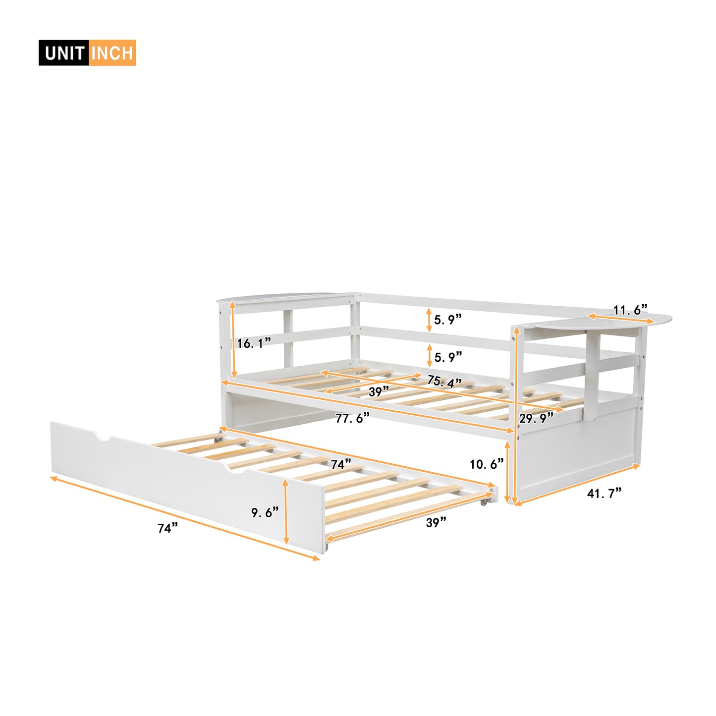 Twin Size Daybed with Trundle and Foldable Shelves on Both Sides,White