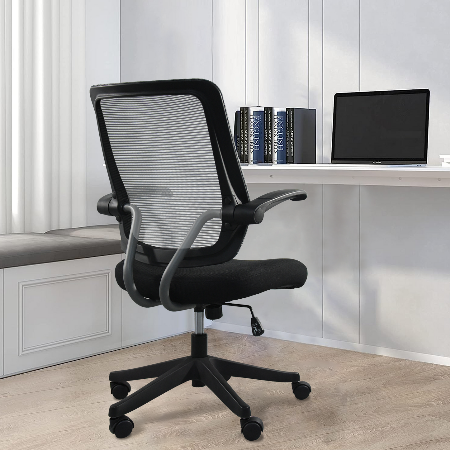 Mid task office chair with flip up arms, tilt angle max to 105 °,300LBS,Black