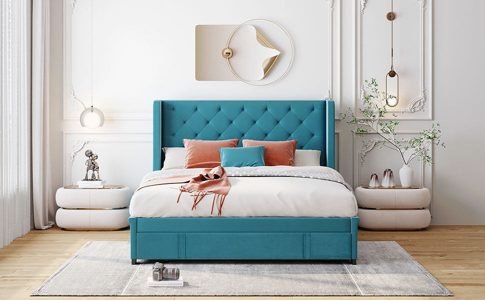 Queen Size Storage Bed Velvet Upholstered Platform Bed with Wingback Headboard and a Big Drawer (Blue)