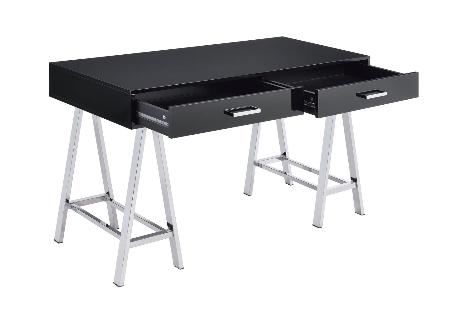 Coleen Modern Writing Desk with Black High Gloss Finish and Chrome Sawhorse Legs