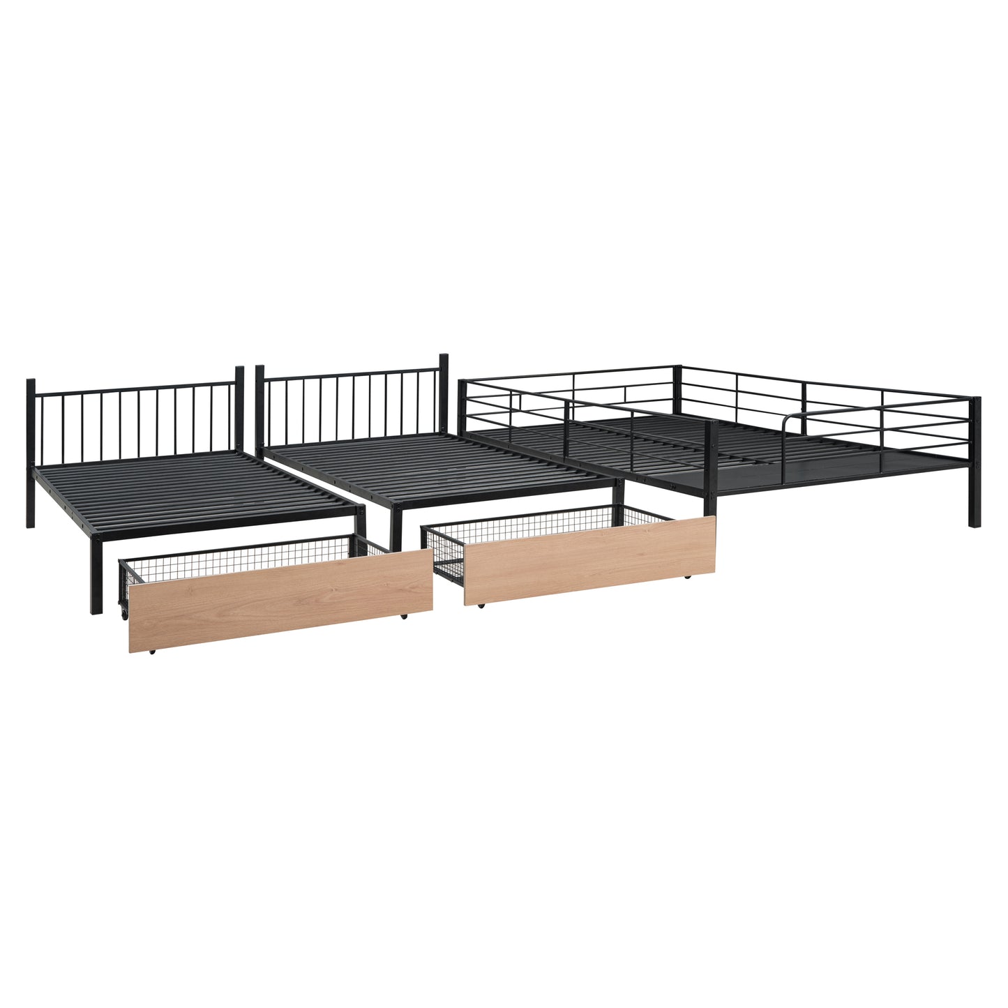 Full Over Twin & Twin Bunk Bed with Desks, Shelves, and Drawers in Black Metal Frame