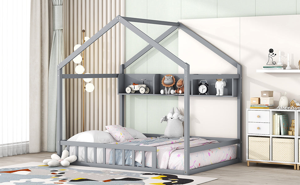 Wooden Full Size House Bed with Storage Shelf,Kids Bed with Fence and Roof, Gray