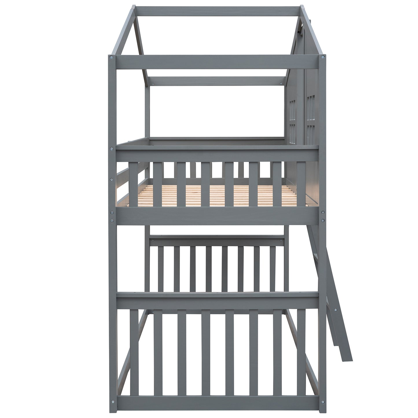 Twin House Bunk Bed with Gray Wood Finish and Ladder