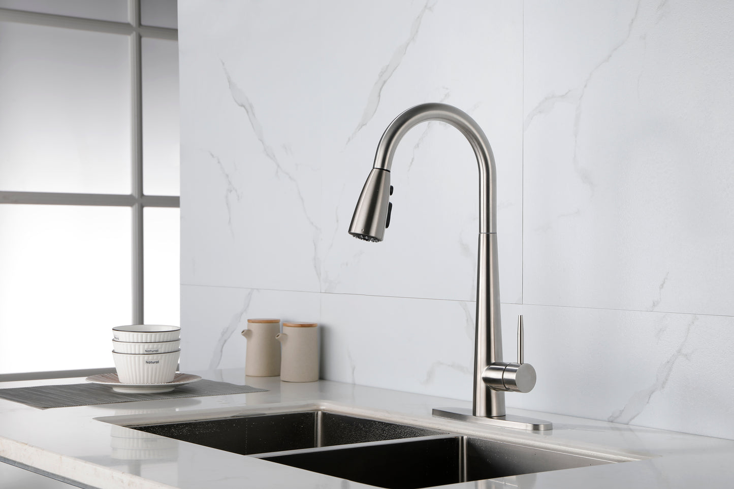 Commercial-Grade Stainless Steel Kitchen Faucet with Pull Down Sprayer and High Arc Handle