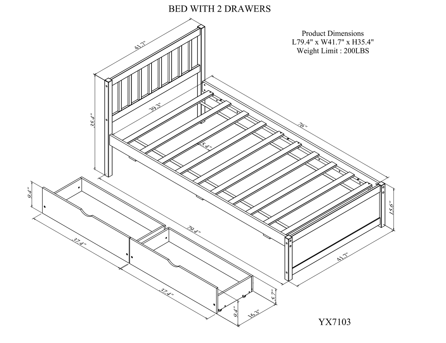 Modern Design Wooden Twin Size Platform Bed with 2 Drawers for Grey Color