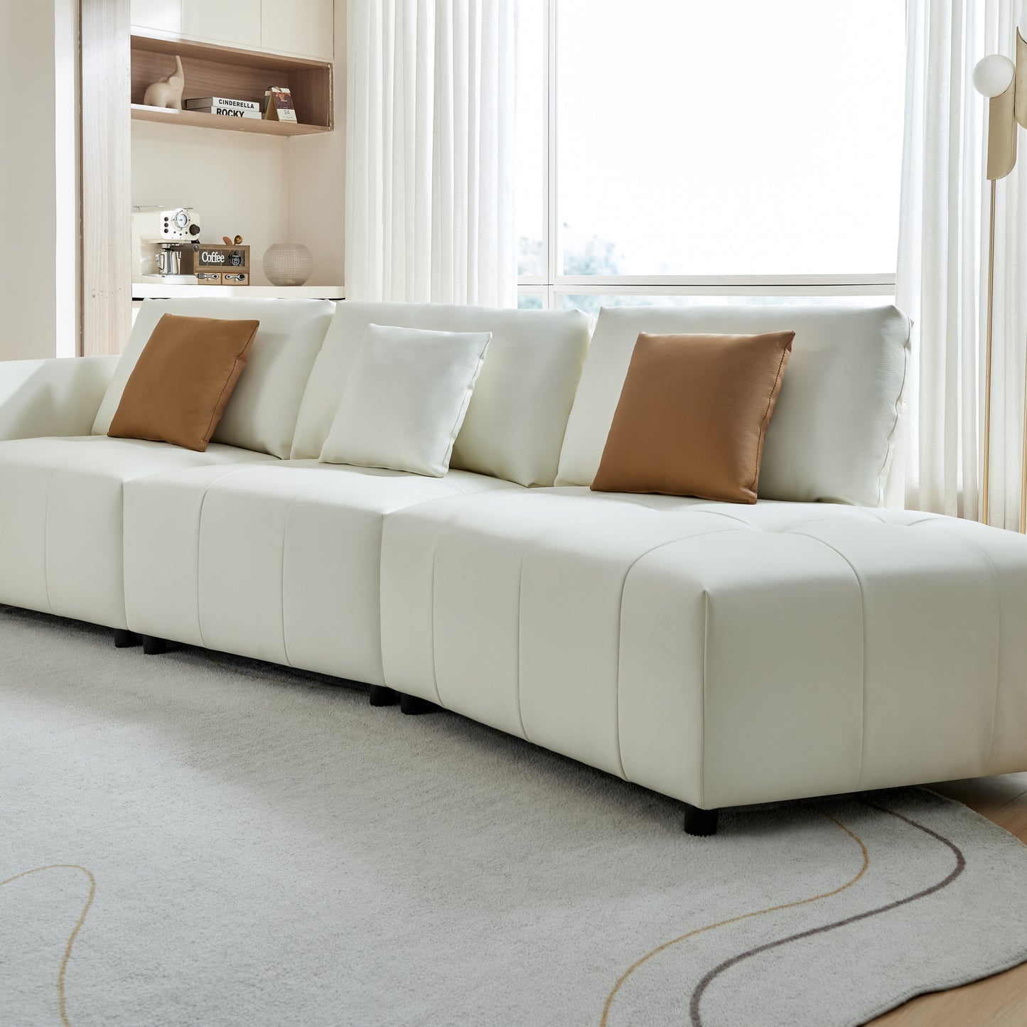 Modern Beige Leather Sectional Sofa with Chaise Lounge and Movable Pillows