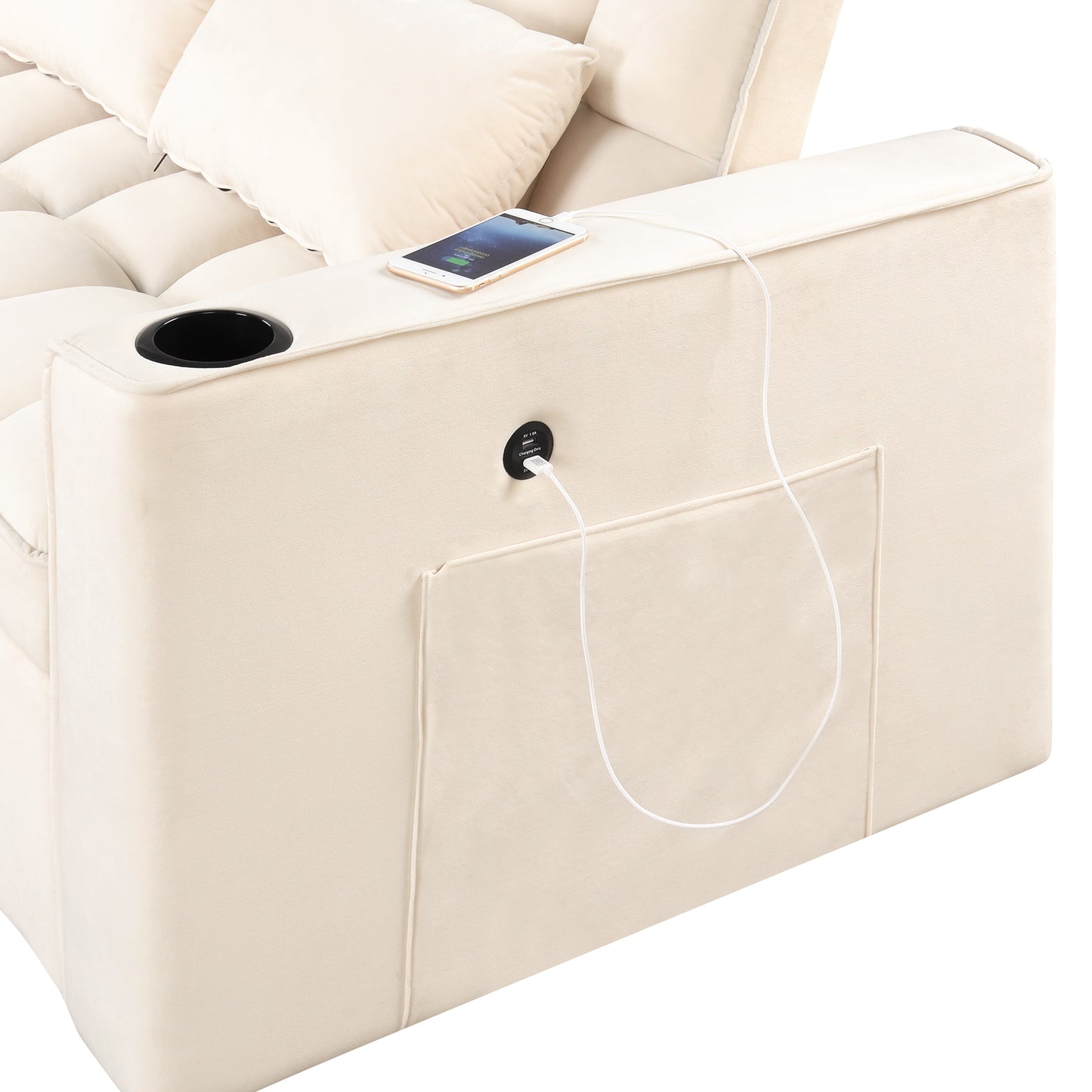 55.3 Multi-functional Sofa Bed with Cup Holder and USB Port for Living Room in Milky White