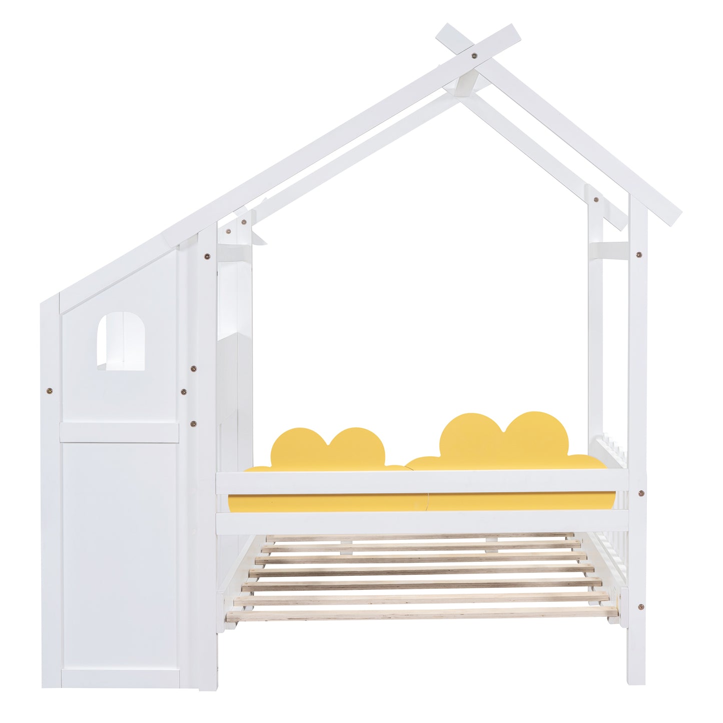 Twin Size Platform Bed with Windmill and Flower Decor, House Bed with Desk and two Handles, White