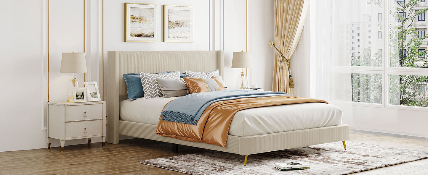 Queen Size Corduroy Platform Bed with Metal Legs, Beige