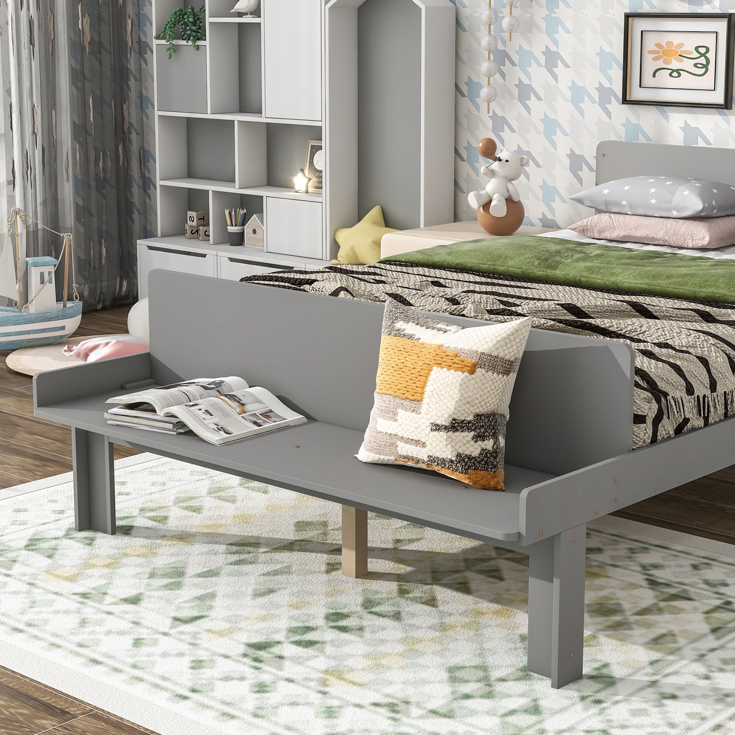 Full Bed with Footboard Bench,Grey