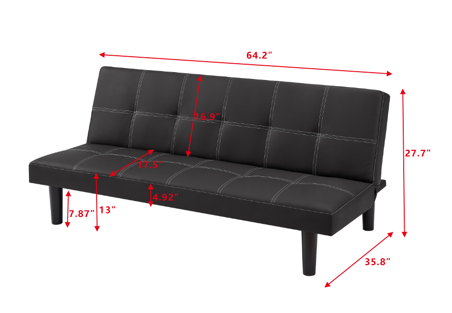 Black PU modern sofa bed, multi-position adjustable sofa bed, plastic feet