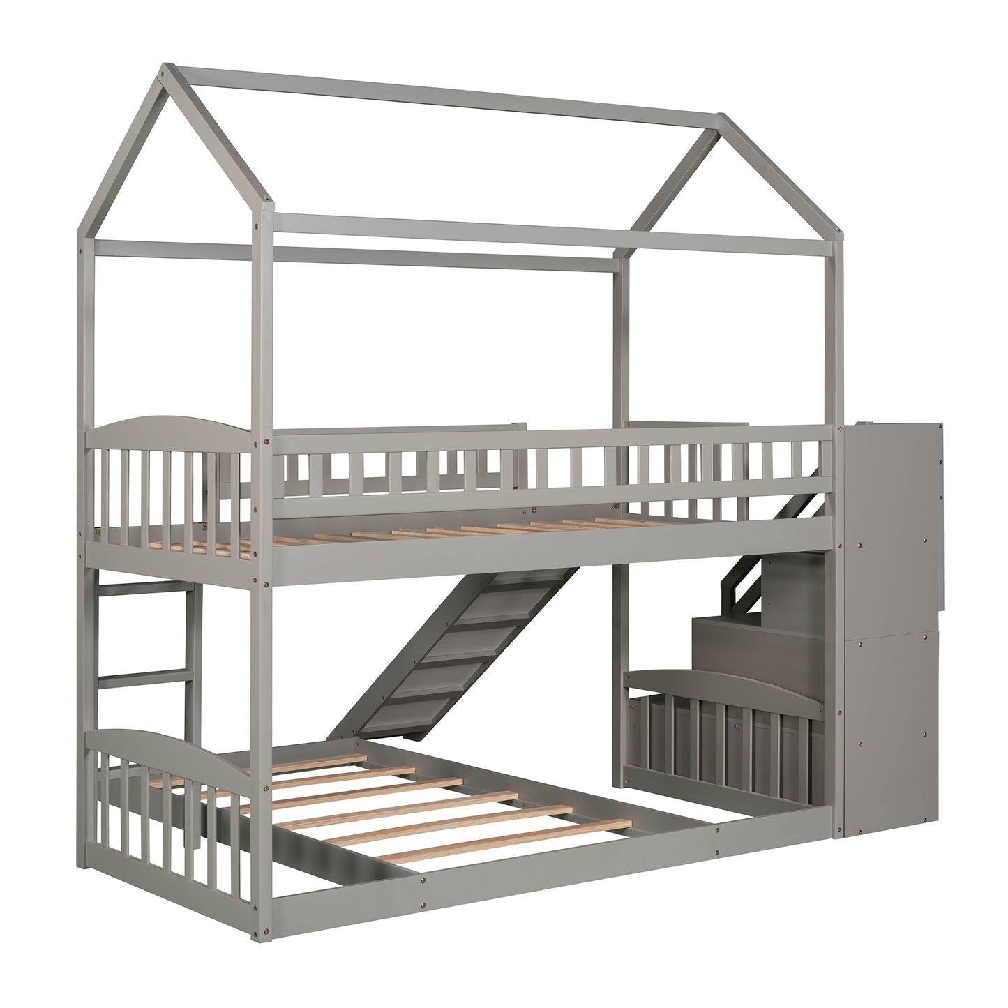 White House Design Twin Over Twin Bunk Bed with Slide and Storage Steps