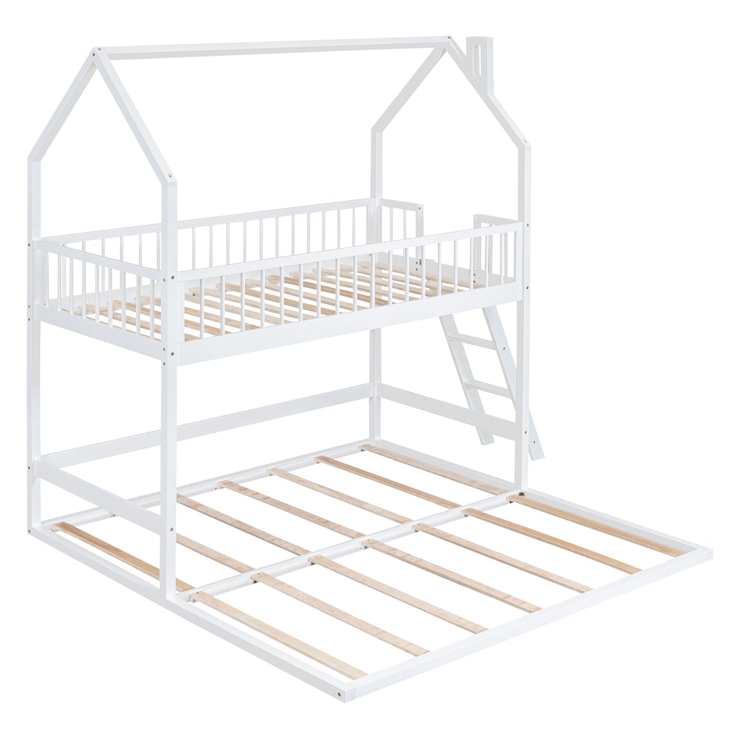 House-Shaped Twin Bunk Bed with Trundle, Ladder, and Twin Over Twin Size Sleep Space