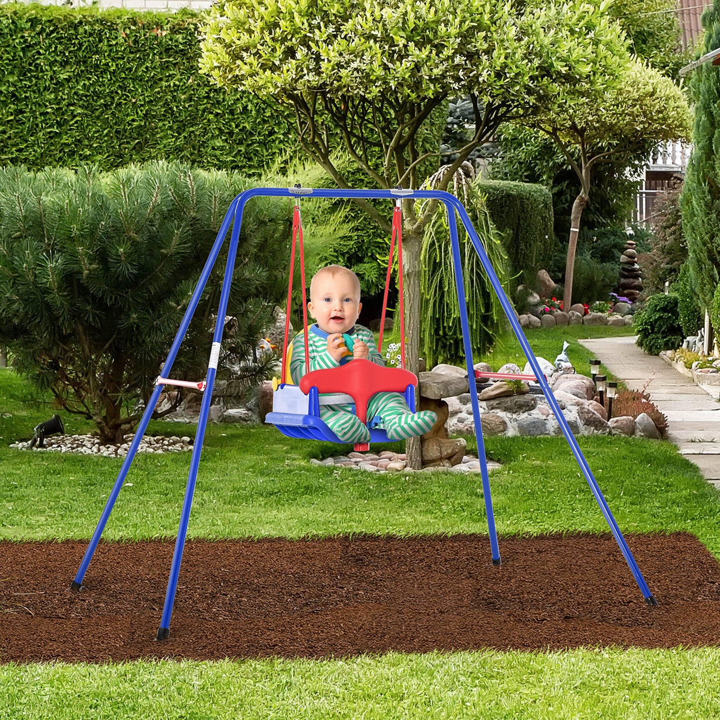 Outsunny Baby Swing Set for Backyard Indoor/Outdoor, Solid Metal Frame with Baby Seat Harness for Kid Age 6-36 Months