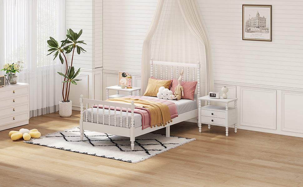 Twin Size Wood Platform Bed with Gourd Shaped Headboard and Footboard, White