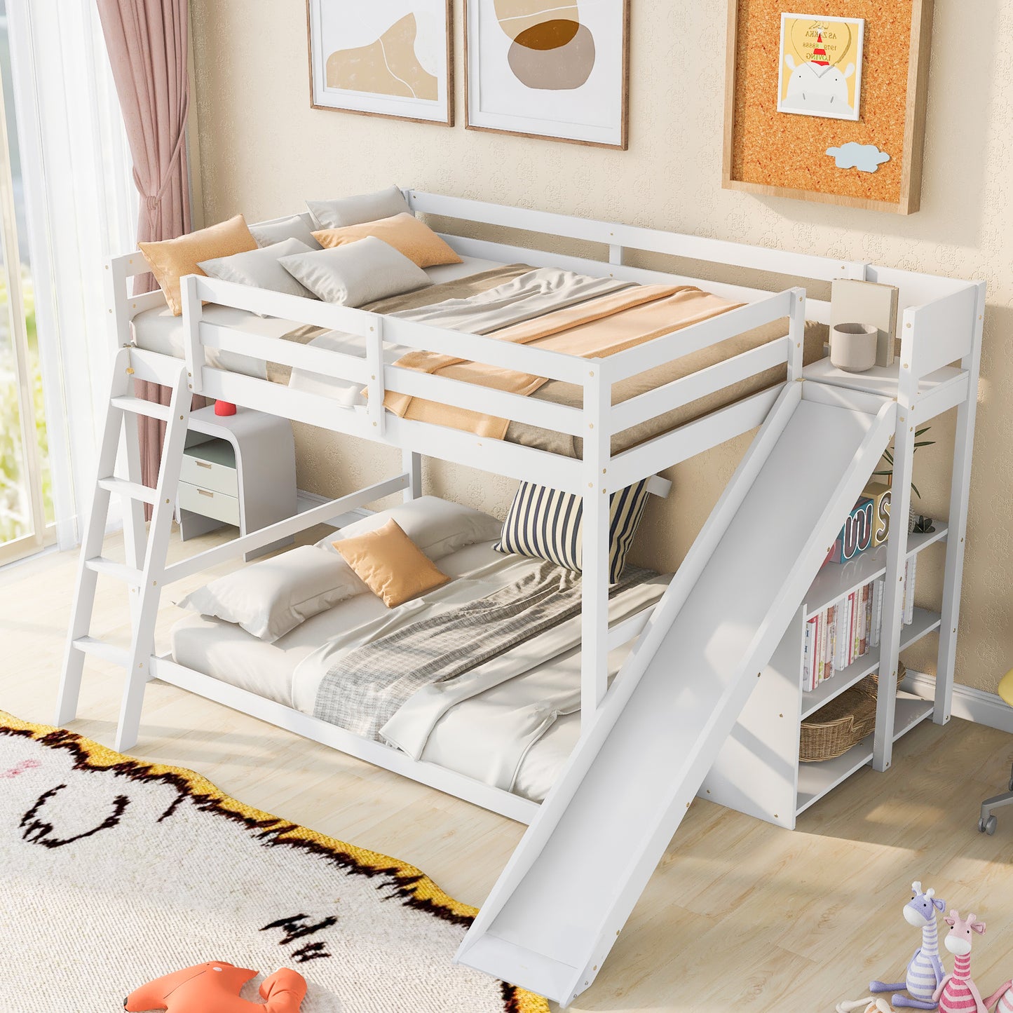 White Full Bunk Bed with Slide, Ladder, and Shelves