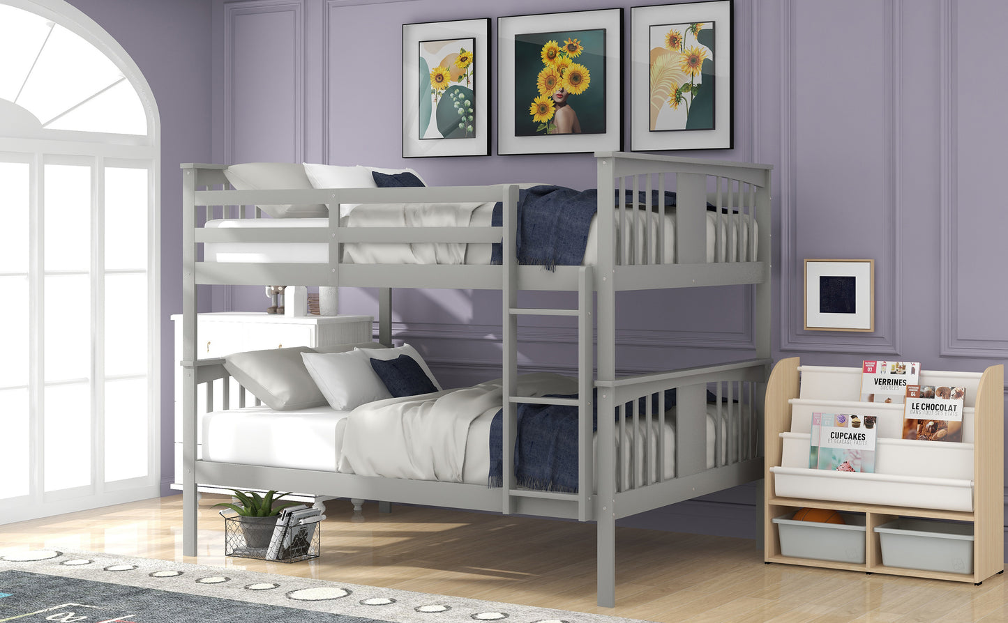 Gray Full-Size Bunk Bed with Flexible Configuration for Bedroom, Accommodating Guests