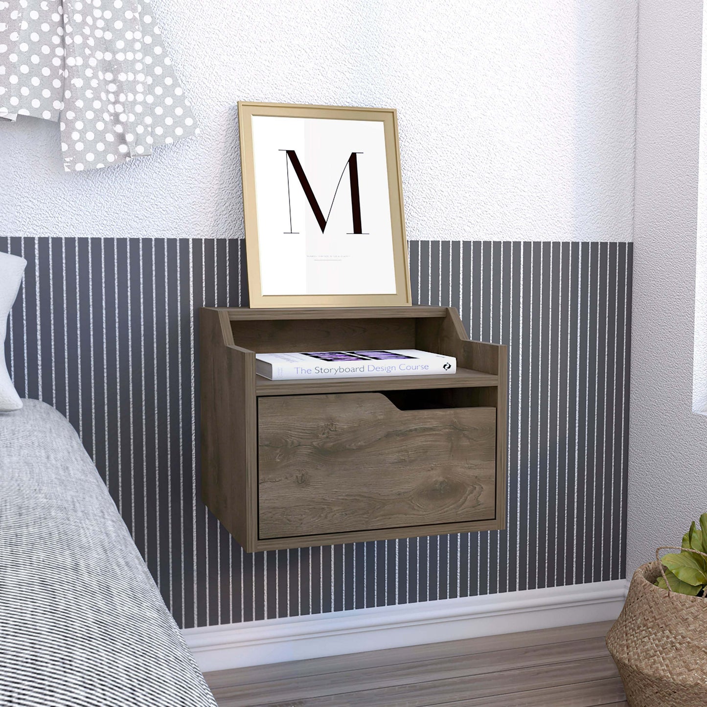 Busan Modern Floating Nightstand, Single-Drawer Design with Sleek Two-Tiered Top Shelf Surfaces- Dark Brown - Bedroom