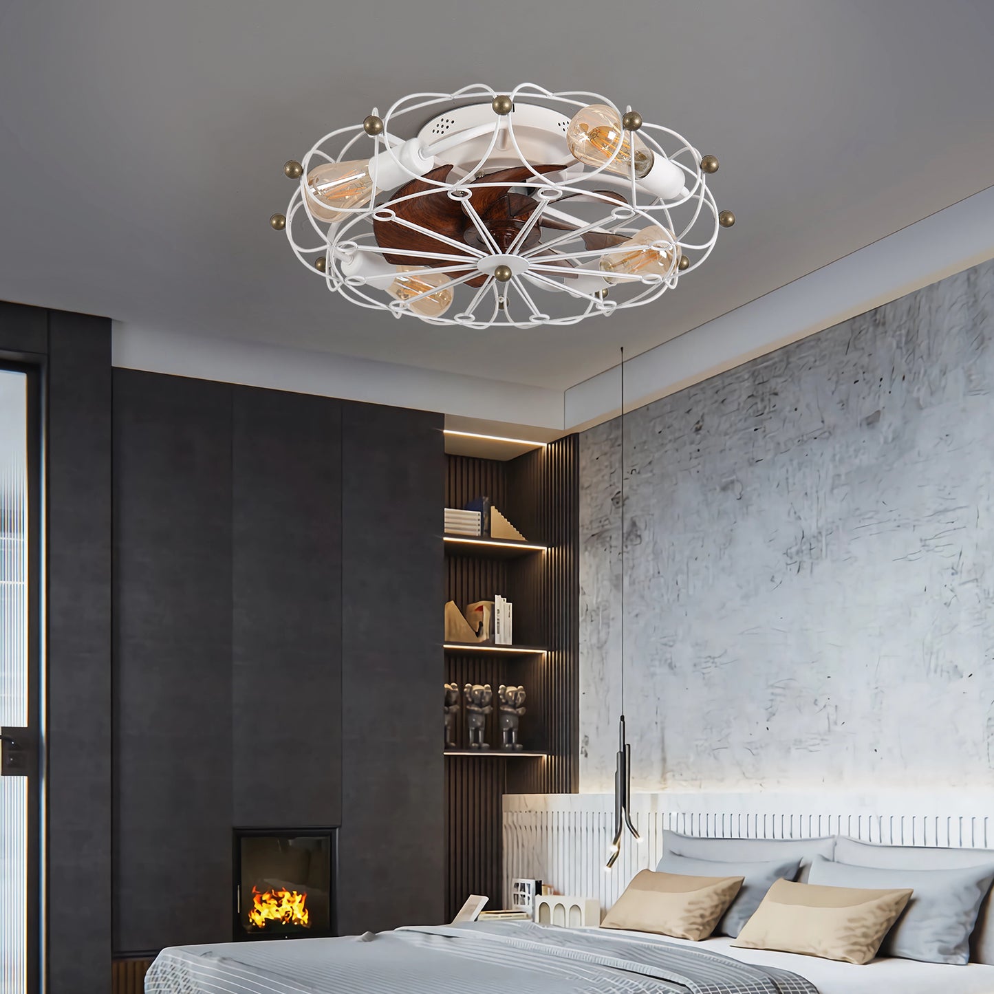 Modern Industrial Ceiling Fan with Caged Design and Remote Control