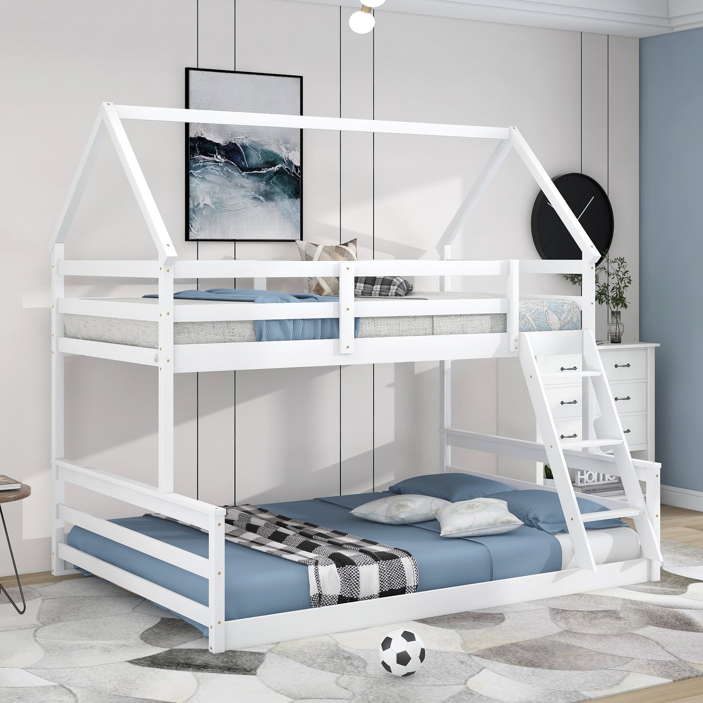 Playful White Twin over Full Bunk Bed with House-Inspired Design