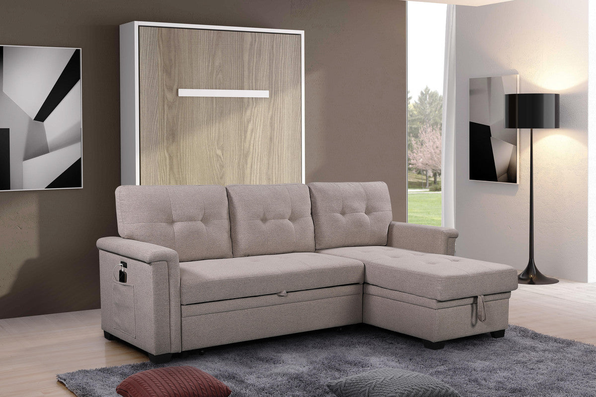 Versatile Light Gray Reversible Sleeper Sectional Sofa with Storage Chaise, USB Charging Ports and Pocket